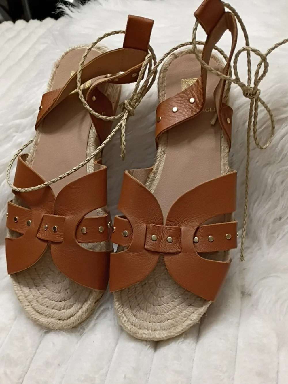 Bruno Magli Perla Tan Leather Espadrille Sandals with Gold Studs New With Flaws